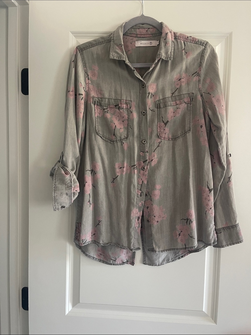 Billy T Gray Button-Down Shirt with Pink Floral Print